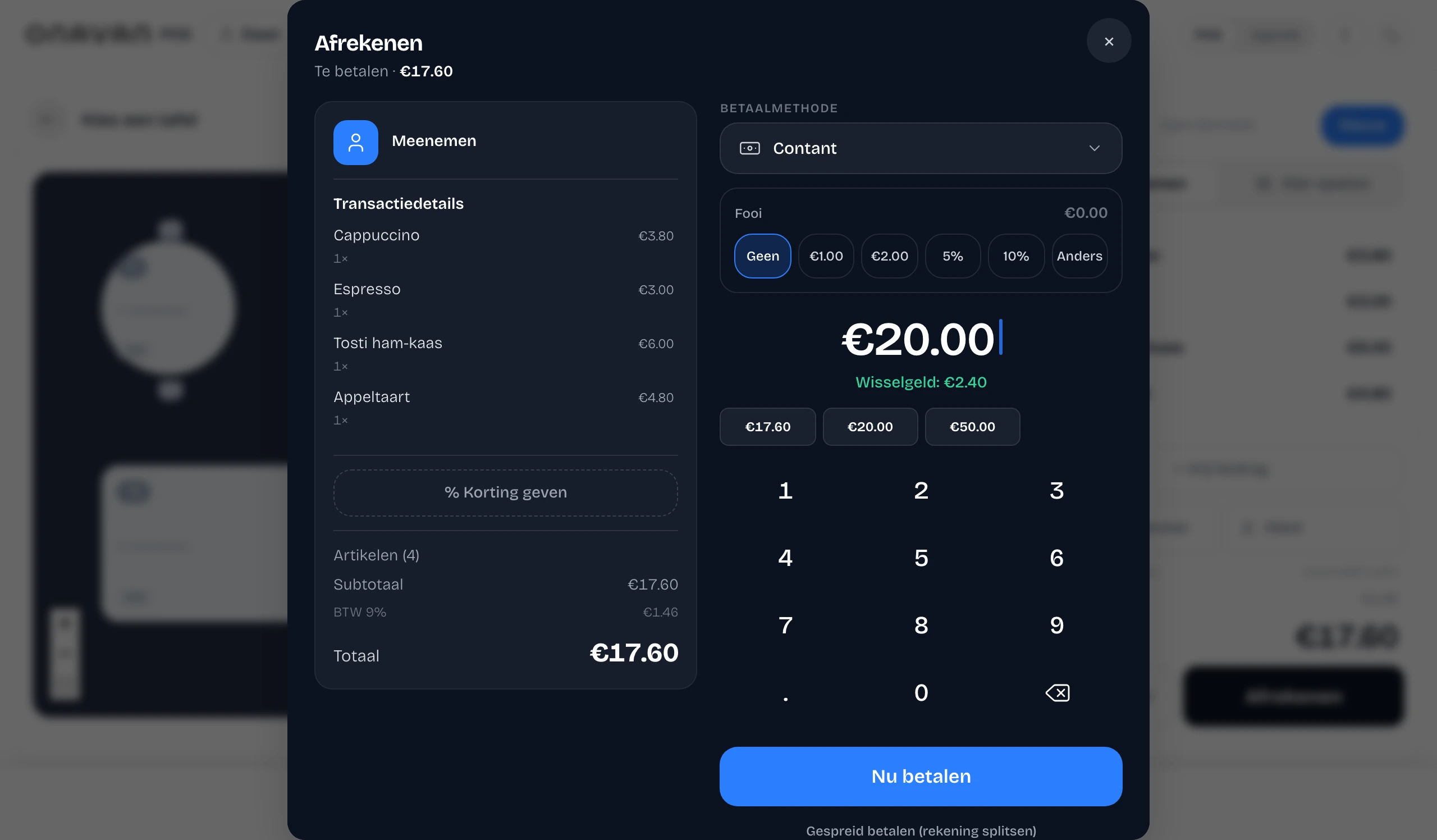 Contant afrekenen in de kassa met automatisch berekend wisselgeld